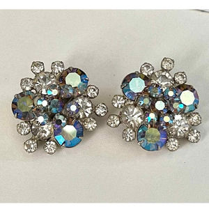 Vintage Earrings Blue AB Rhinestone Juliana HIGH END Clear Huggie Clip Lot m08